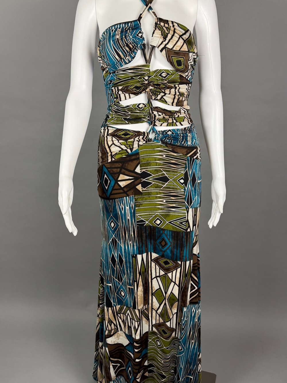 Va Va Voom Geometric Cutout Maxi Skirt in Teal, Olive & Brown